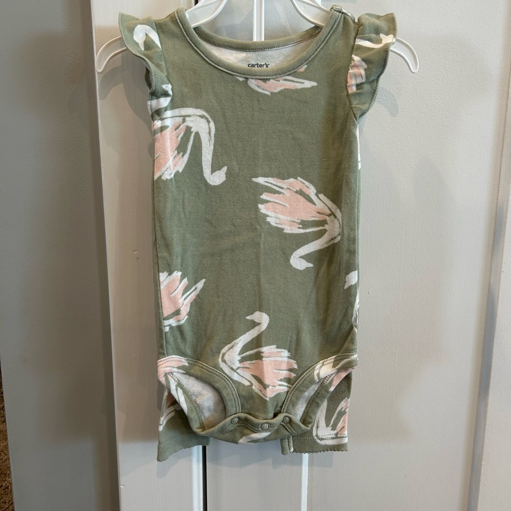 Carter's Olive and Blush Swan Print Baby Onesie and Pants